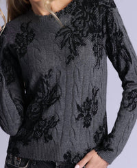 Minnie Rose Cashmere Printed Lace Cable Crew Neck Sweater in charcoal heather grey - women's sweater - detail view
