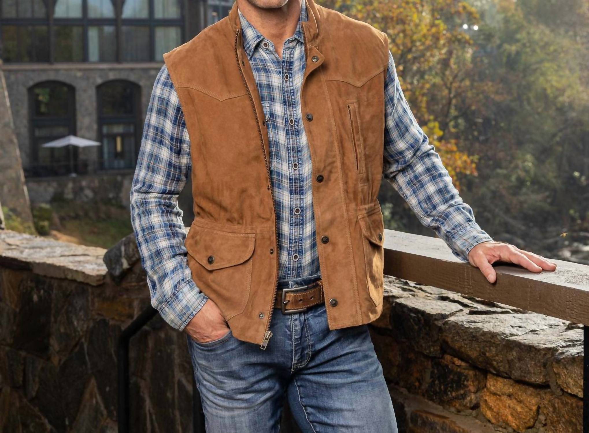 Madison Creek Outfitters Bandera Goat Suede Leather Vest in whiskey - men's item