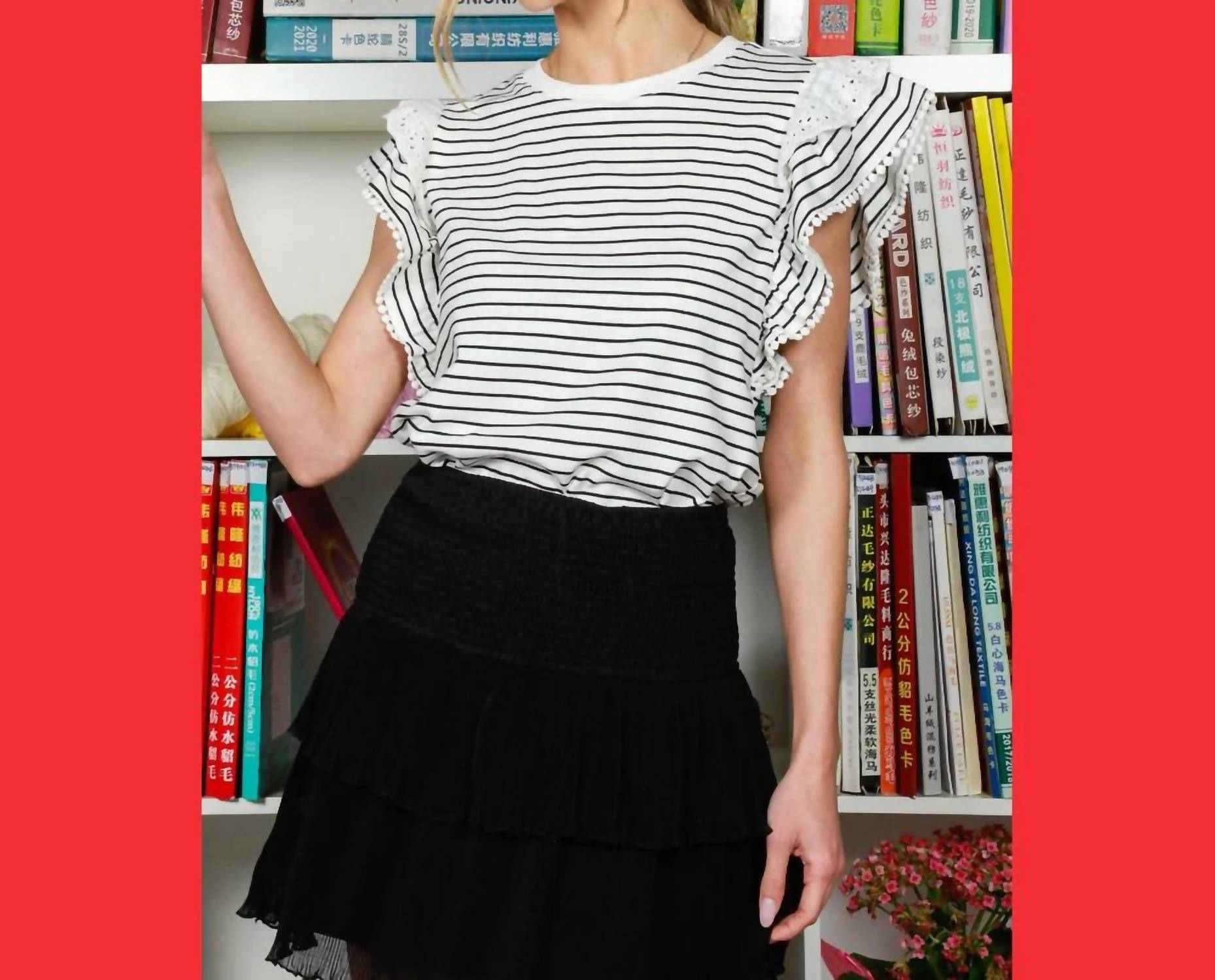 Vine & Love - Ruffle Sleeve Trim Striped Top