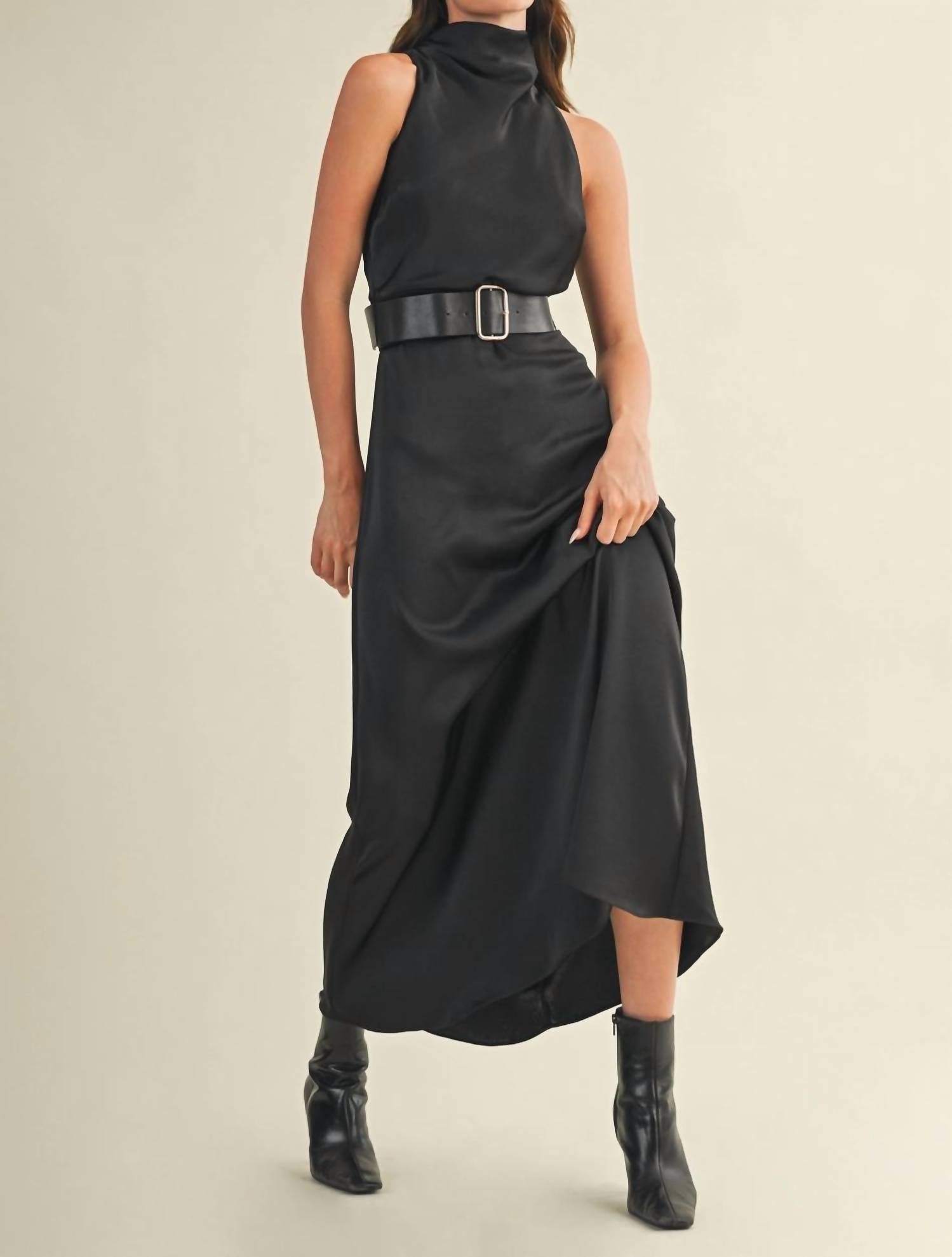 Mustard Seed - Flowy High Neck Belted Sleeveless Dress