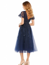 Mac Duggal - Embellished Flutter Sleeve Tea Length Dress