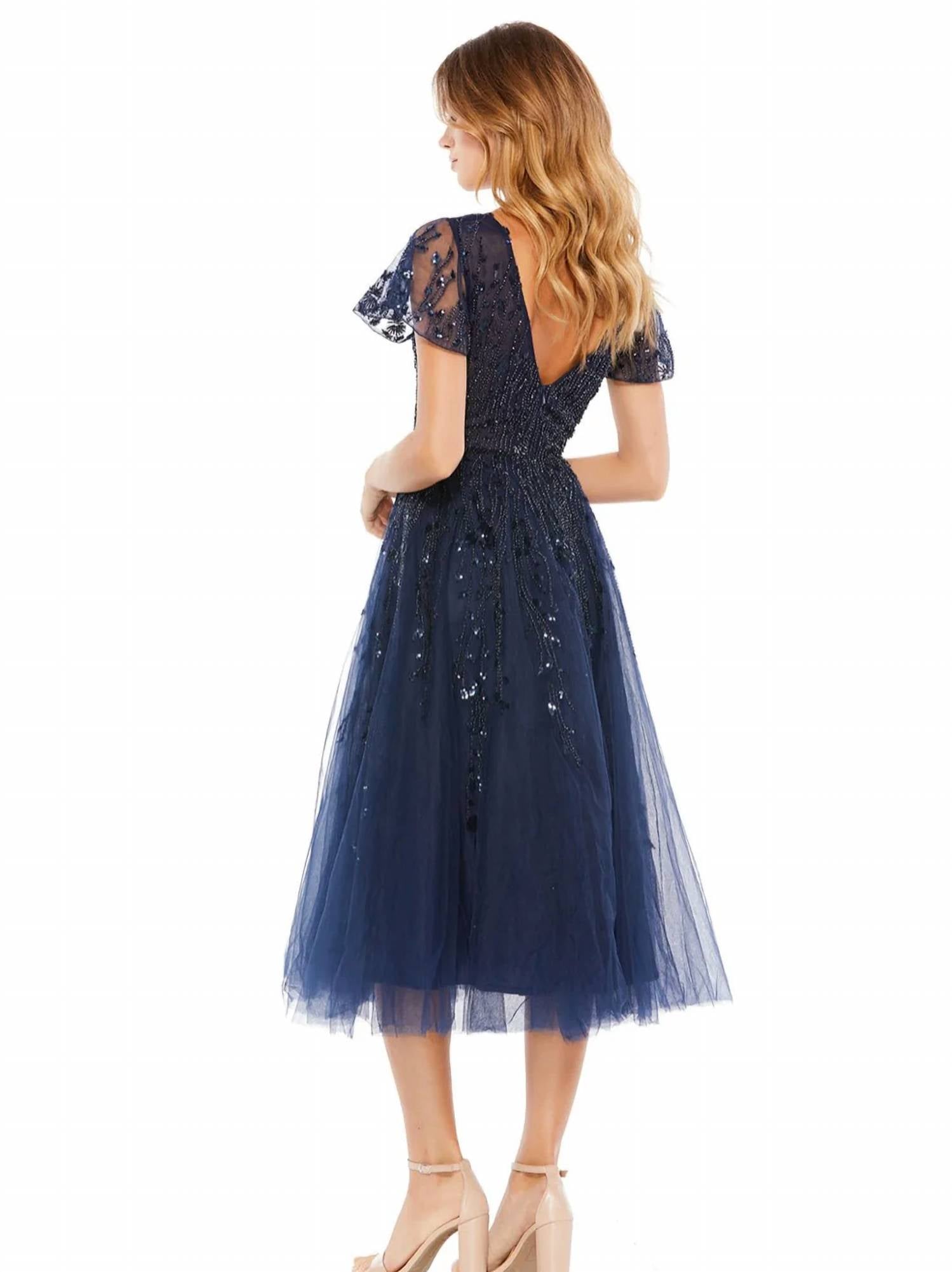 Mac Duggal - Embellished Flutter Sleeve Tea Length Dress