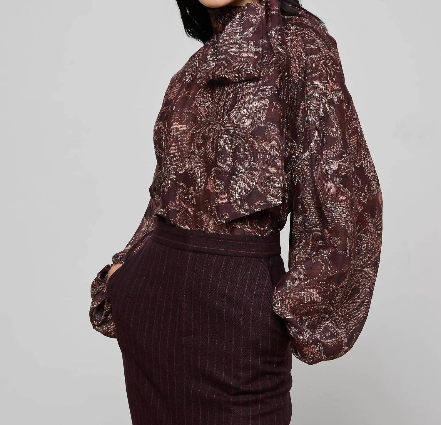 L'Agence Rhett Oversized Blouse in brown etched paisley 1 - women's blouse - alternate view