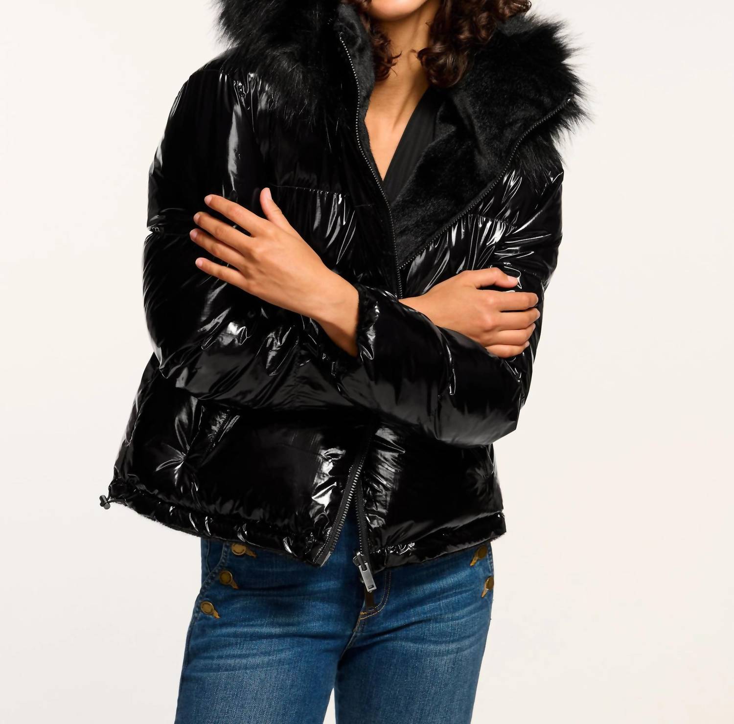 Ramy Brook Beatrice Reversible Puffer Coat in black gold - women's jacket - alternate view