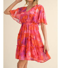Jodifl - Floral Print Chiffon V-neck Dress With Short Bell Sleeves