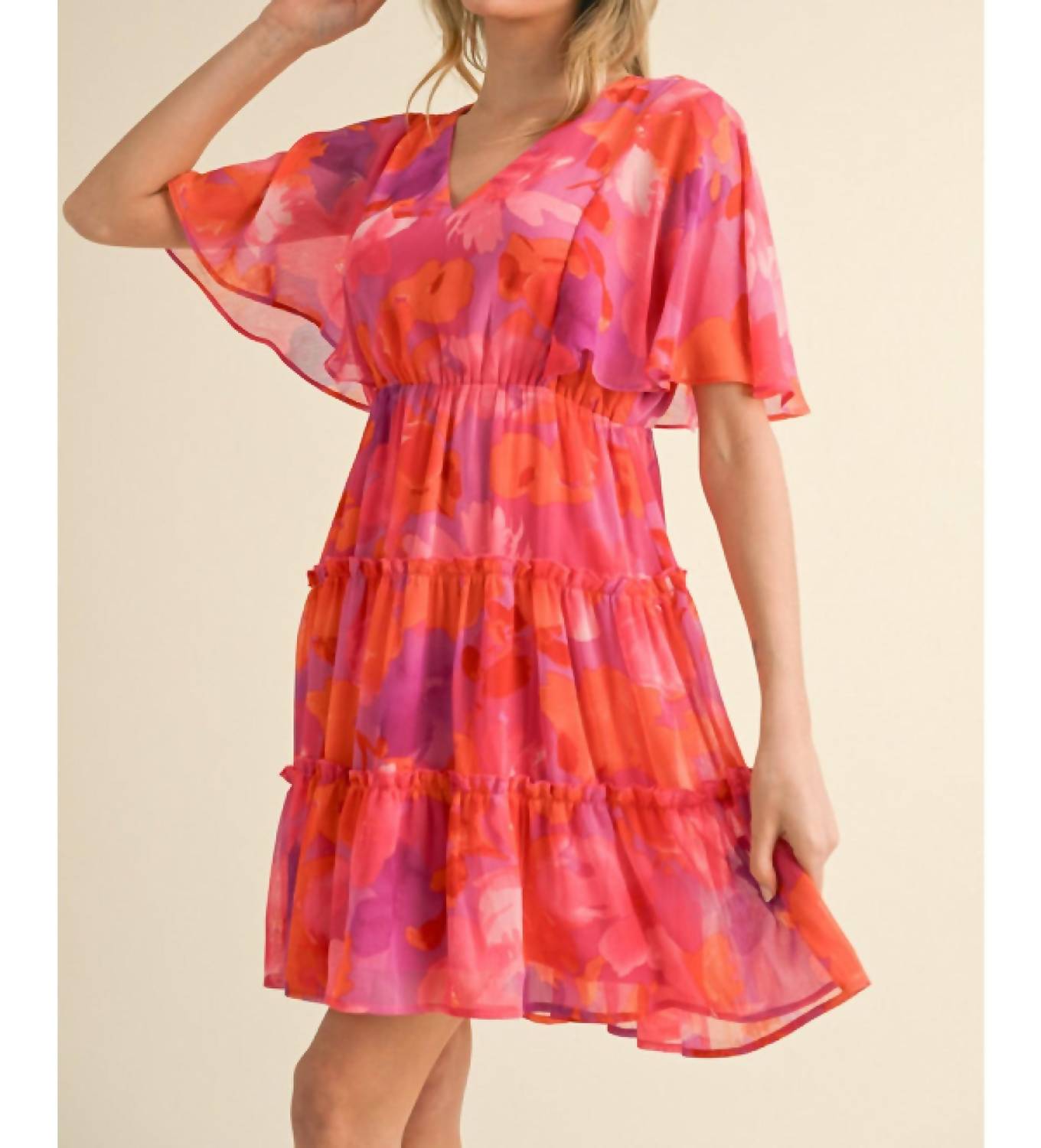 Jodifl - Floral Print Chiffon V-neck Dress With Short Bell Sleeves