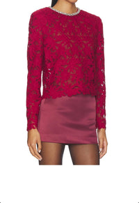self-portrait Lace crystal trim top in burgundy - women's long sleeve top - detail view