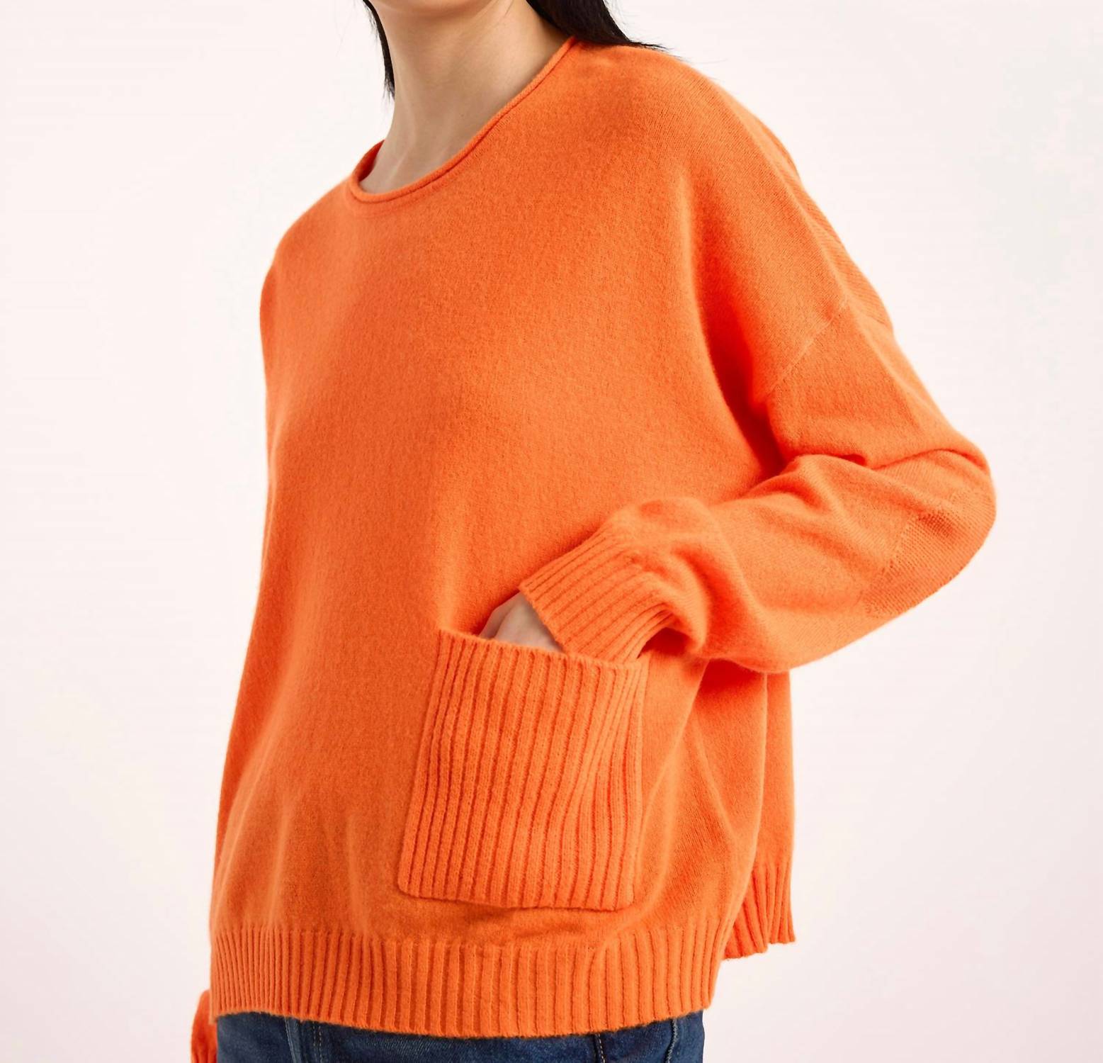 Brodie Cashmere Piper Rib Detail Pocket Cashmere Crewneck Top in neon orange - women's long sleeve top - alternate view