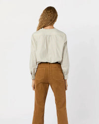 Ann Mashburn Becca Long Sleeve Half Button Top in olive ochre blue tattersall brushed twill - women's blouse - detail view