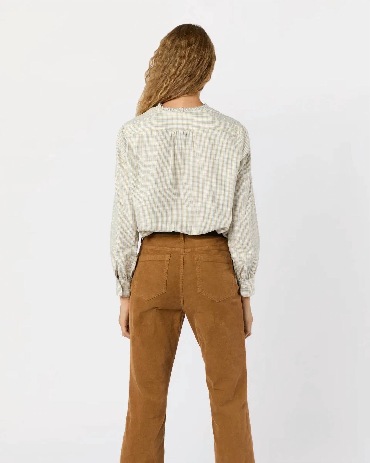 Ann Mashburn Becca Long Sleeve Half Button Top in olive ochre blue tattersall brushed twill - women's blouse - detail view