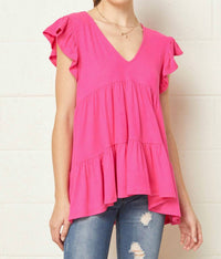 entro Tiered Ruffle Babydoll Top in hot pink - women's shirt