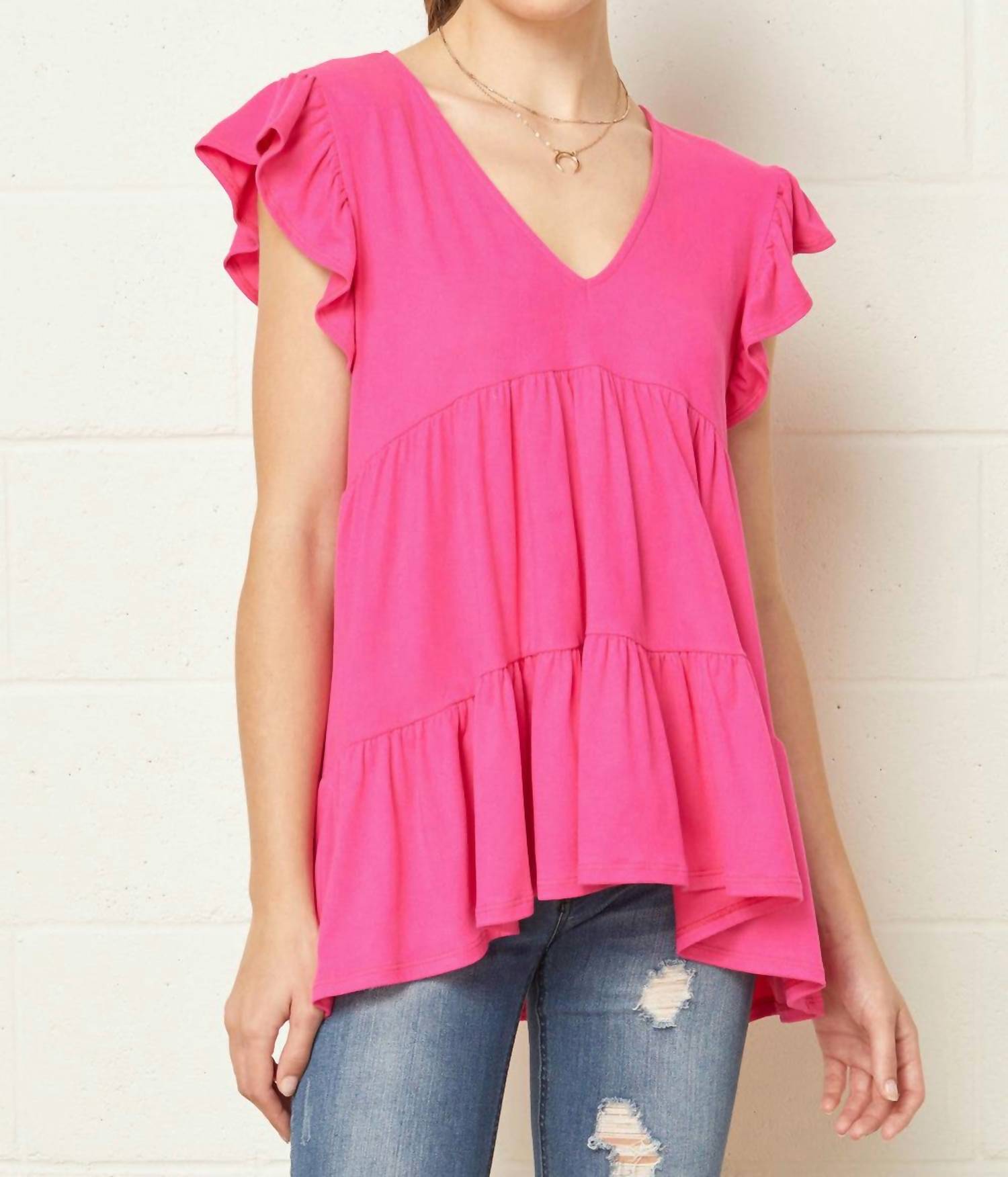 entro Tiered Ruffle Babydoll Top in hot pink - women's shirt