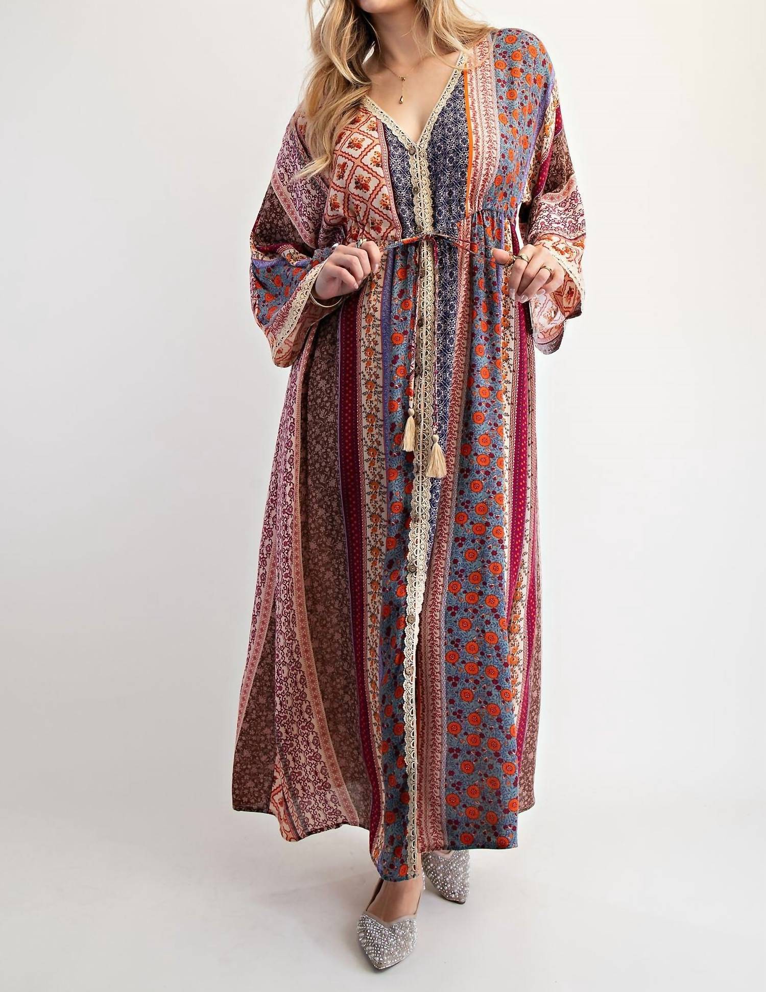 Easel - Printed Bell Sleeve Maxi Duster Dress