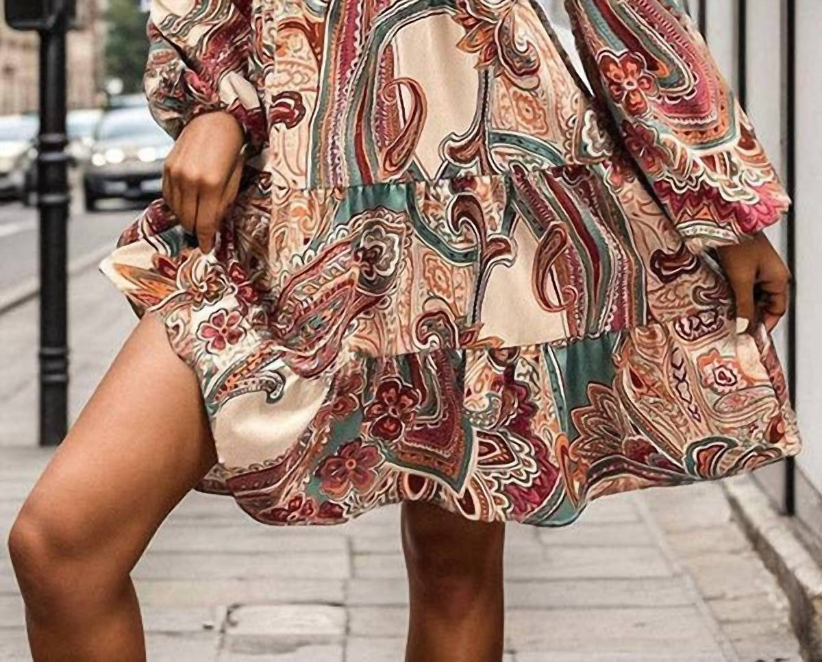 Vividlux - Long Sleeves Loose Buttoned Flower Print V-neck Mini Dress