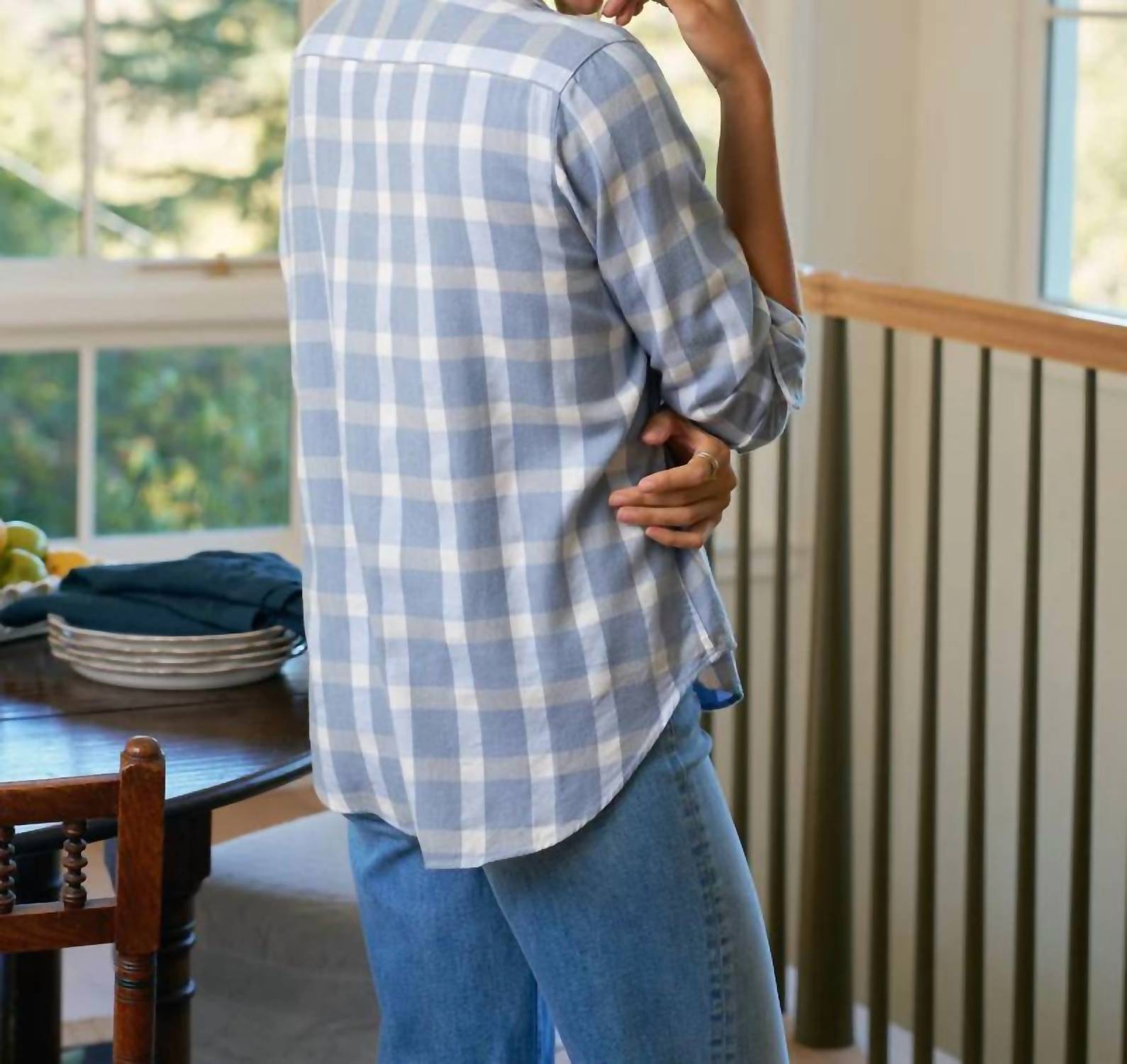 Frank & Eileen Women's Relaxed Button Up Top in light blue and white - women's shirt - detail view