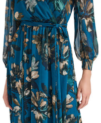 CALVIN KLEIN Printed Long-sleeve A-line Dress in teal - women's dress - view 5