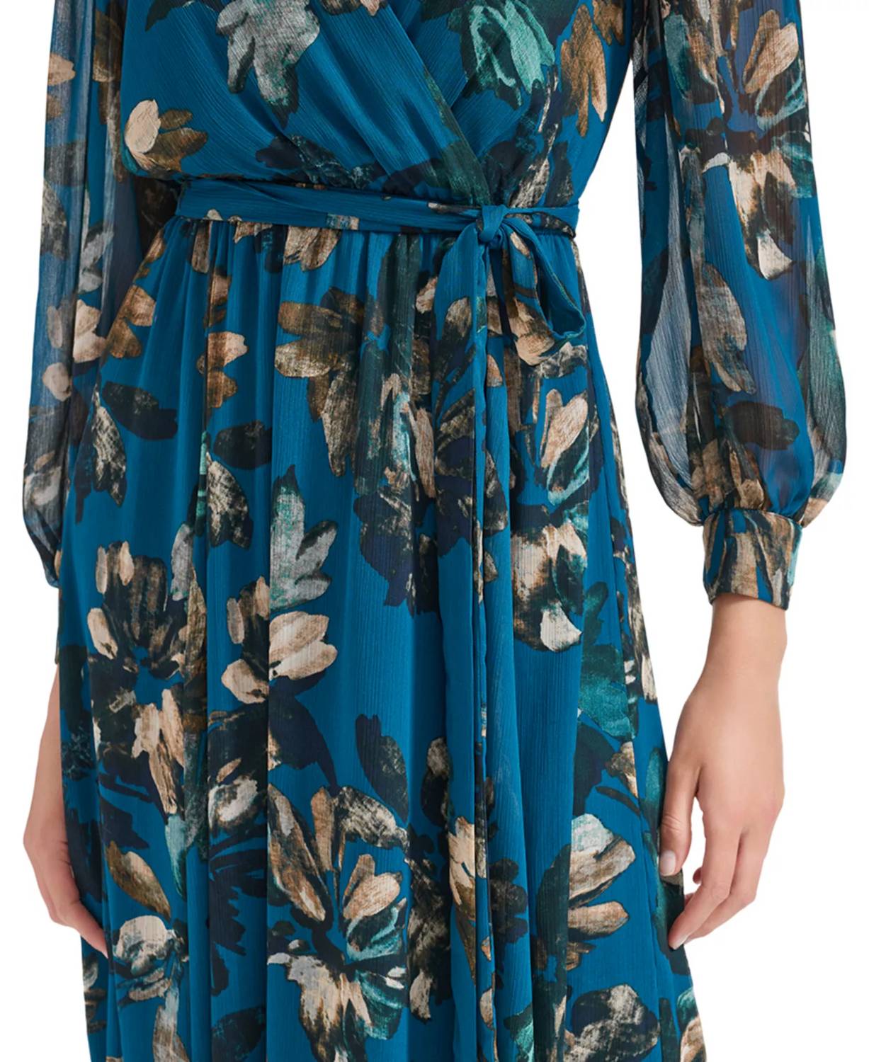 CALVIN KLEIN Printed Long-sleeve A-line Dress in teal - women's dress - view 5