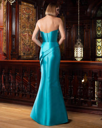 DAYMOR Fitted Long Pleated Peplum Formal Dress in turquoise - women's dress - detail view
