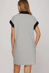 She + Sky - Half-zip Stripe Collar Mini Dress