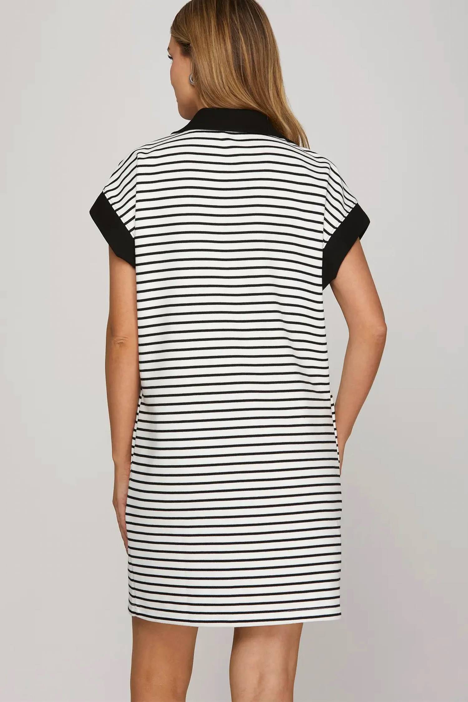 She + Sky - Half-zip Stripe Collar Mini Dress