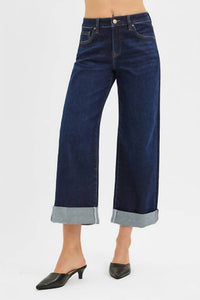 RISEN Mid Rise Wide Roll-up Jeans in dark wash - women's jeans