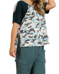 umgee Camo And Striped Top in peach green - women's t-shirt - alternate view