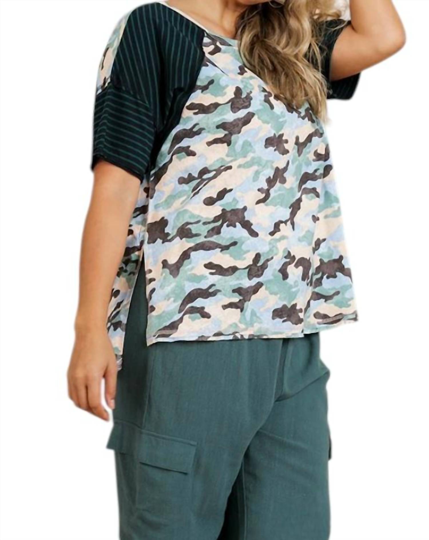 umgee Camo And Striped Top in peach green - women's t-shirt - alternate view