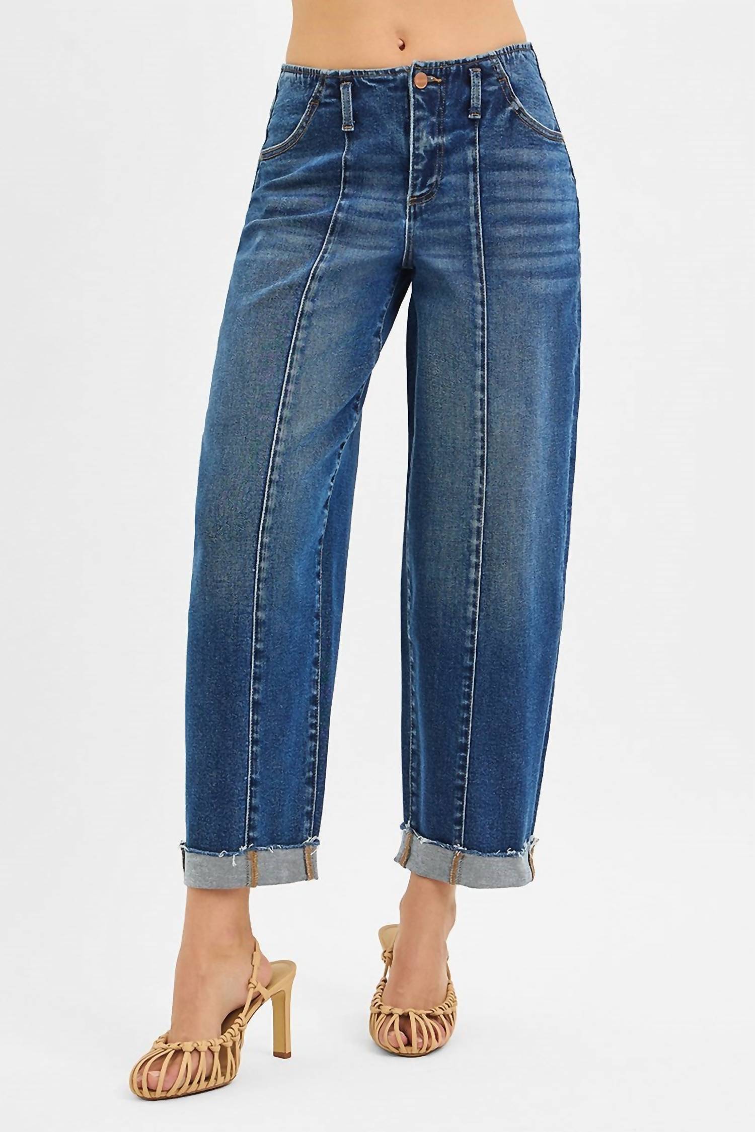 Risen - Front Seam Detail High Rise Barrel Jeans