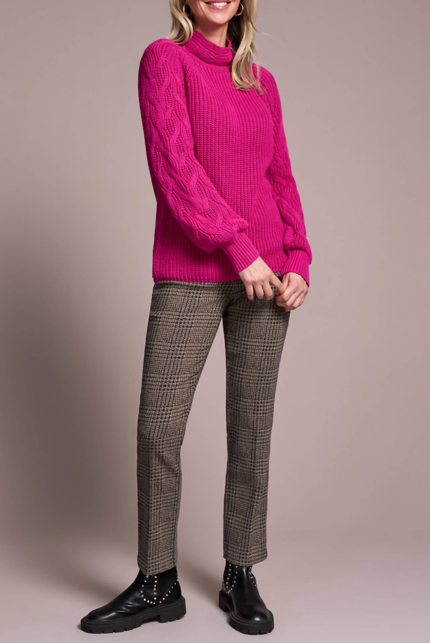 TRIBAL Long Sleeve Cable Mock Neck Sweater in pink flambe - women's sweater - detail view
