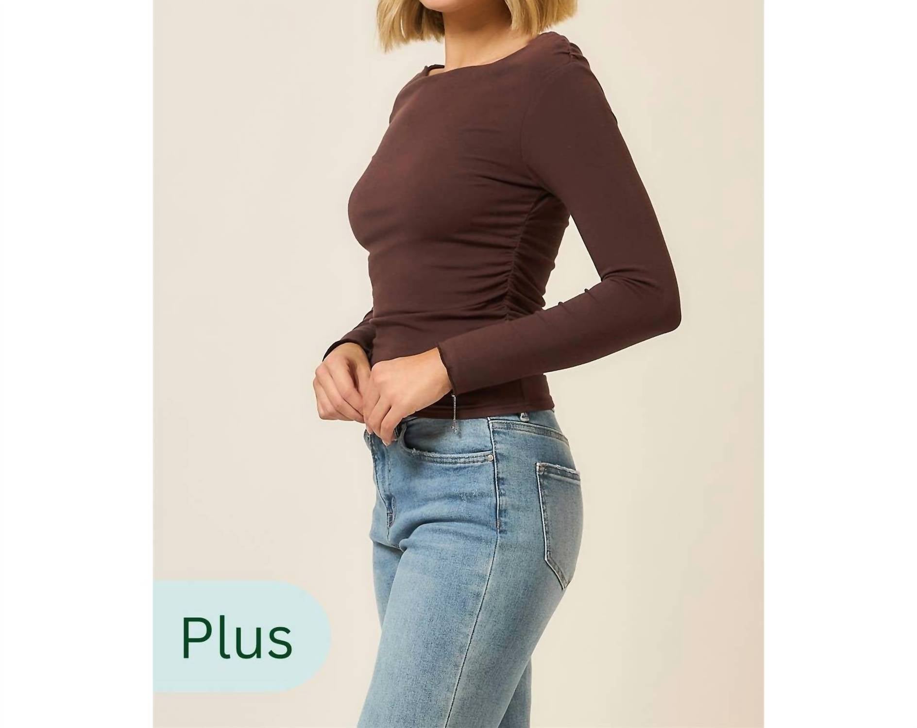 Cozy Co. - Ruched Boatneck Drop Shoulder Long Sleeve Top