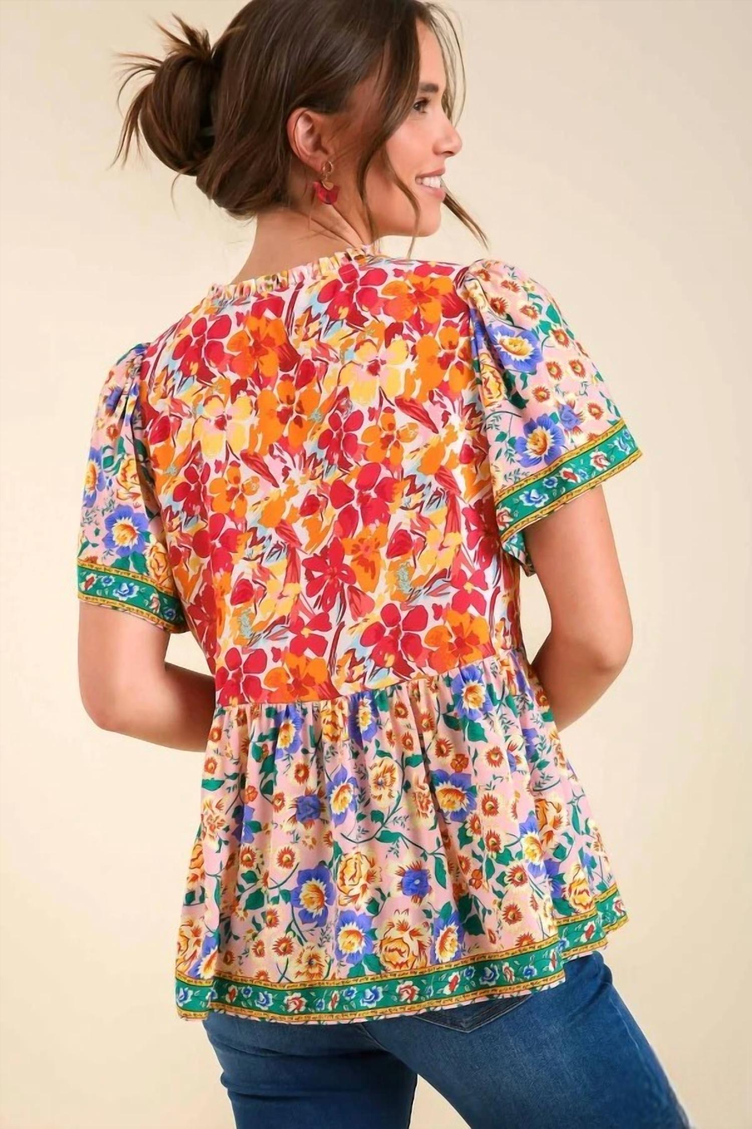 Umgee - Mixed Floral Print Bohemian Top