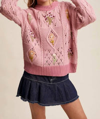 Listicle - Embroidered Flower Detail Checkered Knit Sweater
