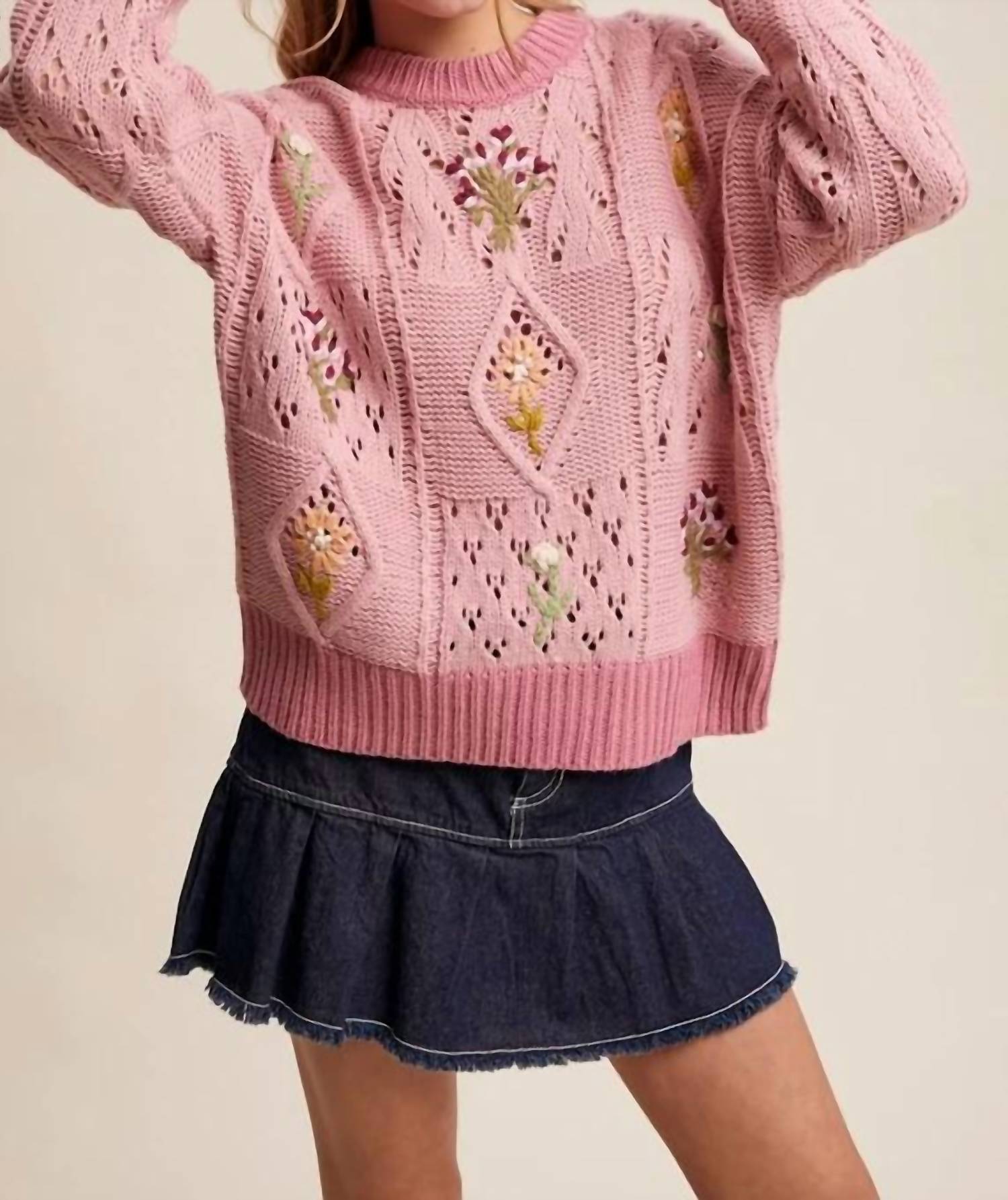 Listicle - Embroidered Flower Detail Checkered Knit Sweater