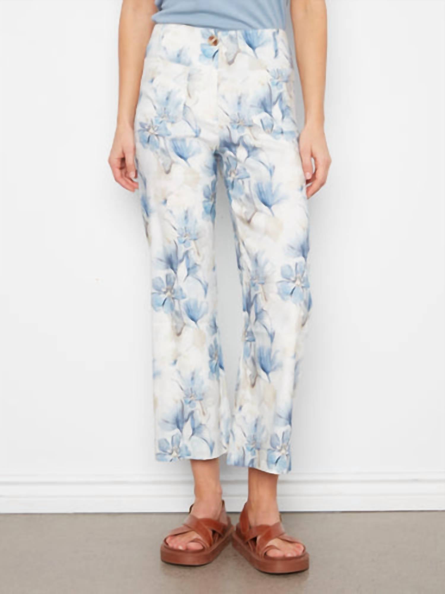 CHARLIE B Printed Cropped Linen Blend Pants in serene - women's pants - detail view