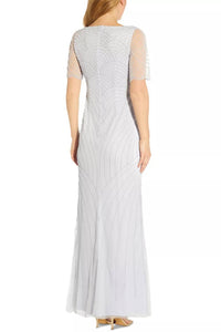 Adrianna Papell - V-neck Short Sleeve Beaded Mesh Dress