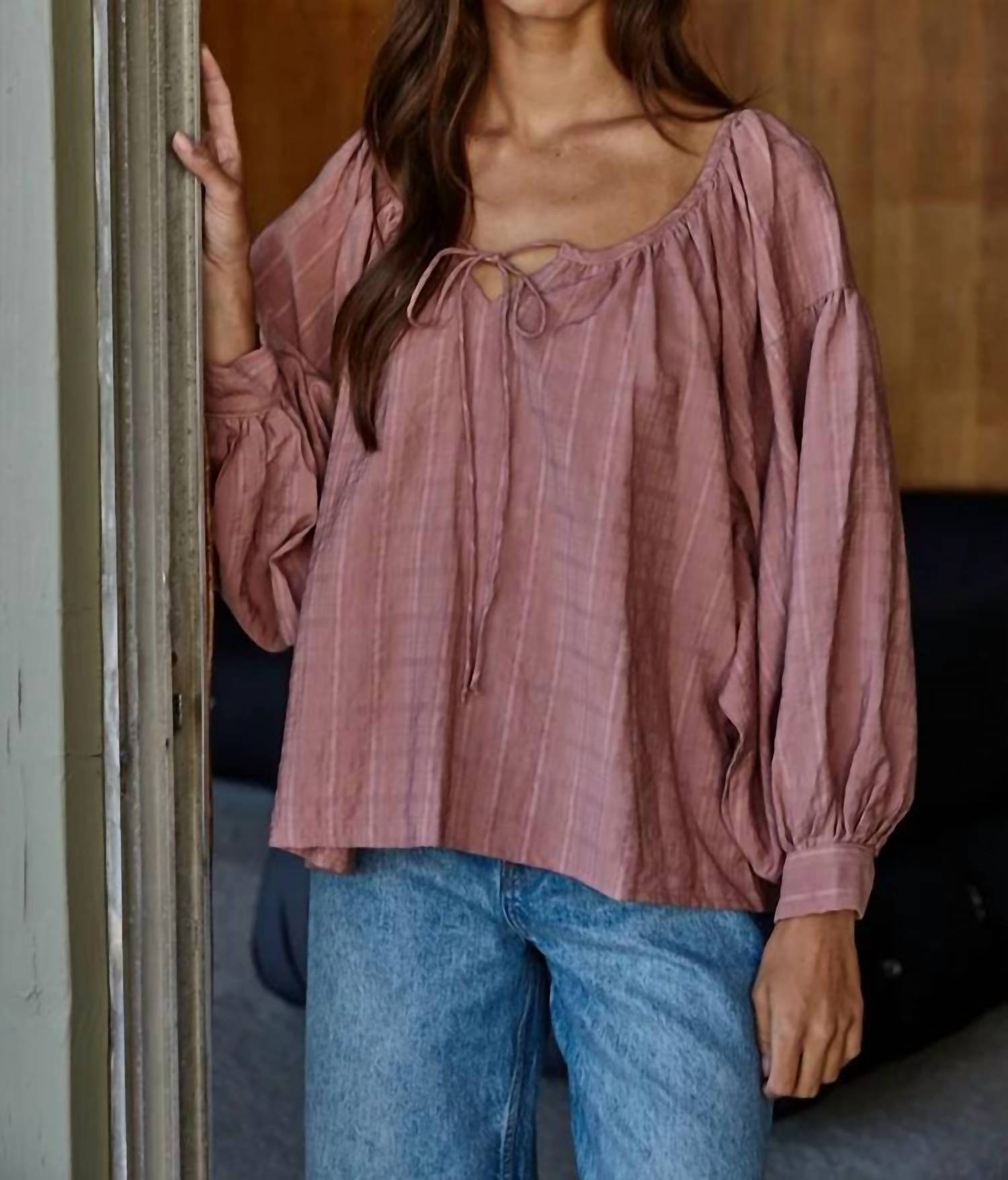 By Together - Woven Scoop Neck Long Sleeve Blouse