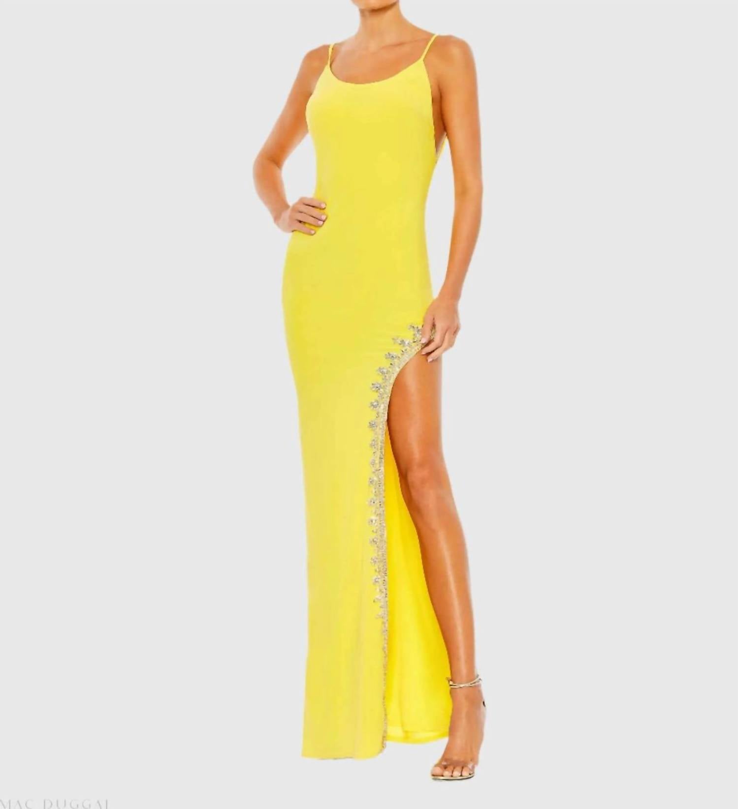 Mac Duggal - Rhinestone Encrusted Side Slit Cami Bodycon Gown