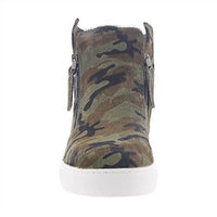 ALL BLACK Women's Fur Top & Zip Wedge Sneakers in camouflage - women's shoe - detail view