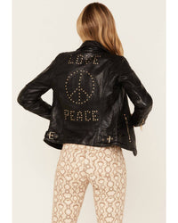 MAURITIUS Love And Peace Studded Leather Jacket in black - women's jacket - detail view