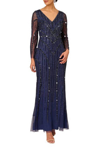 Aidan Mattox - V-neck Illusion Long Sleeve Mesh Dress