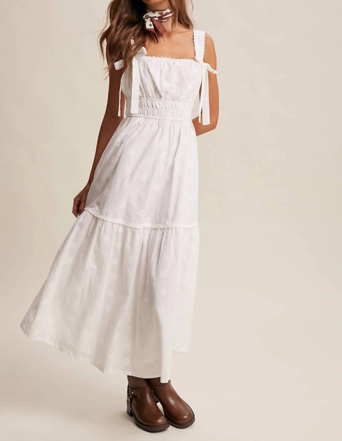 Listicle - Embroidered Tie-Strap Tiered Maxi Dress