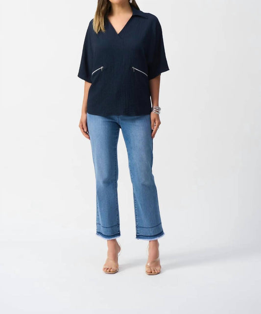 Joseph Ribkoff - V-neck Collared 3/4 Sleeves Hi-low Top