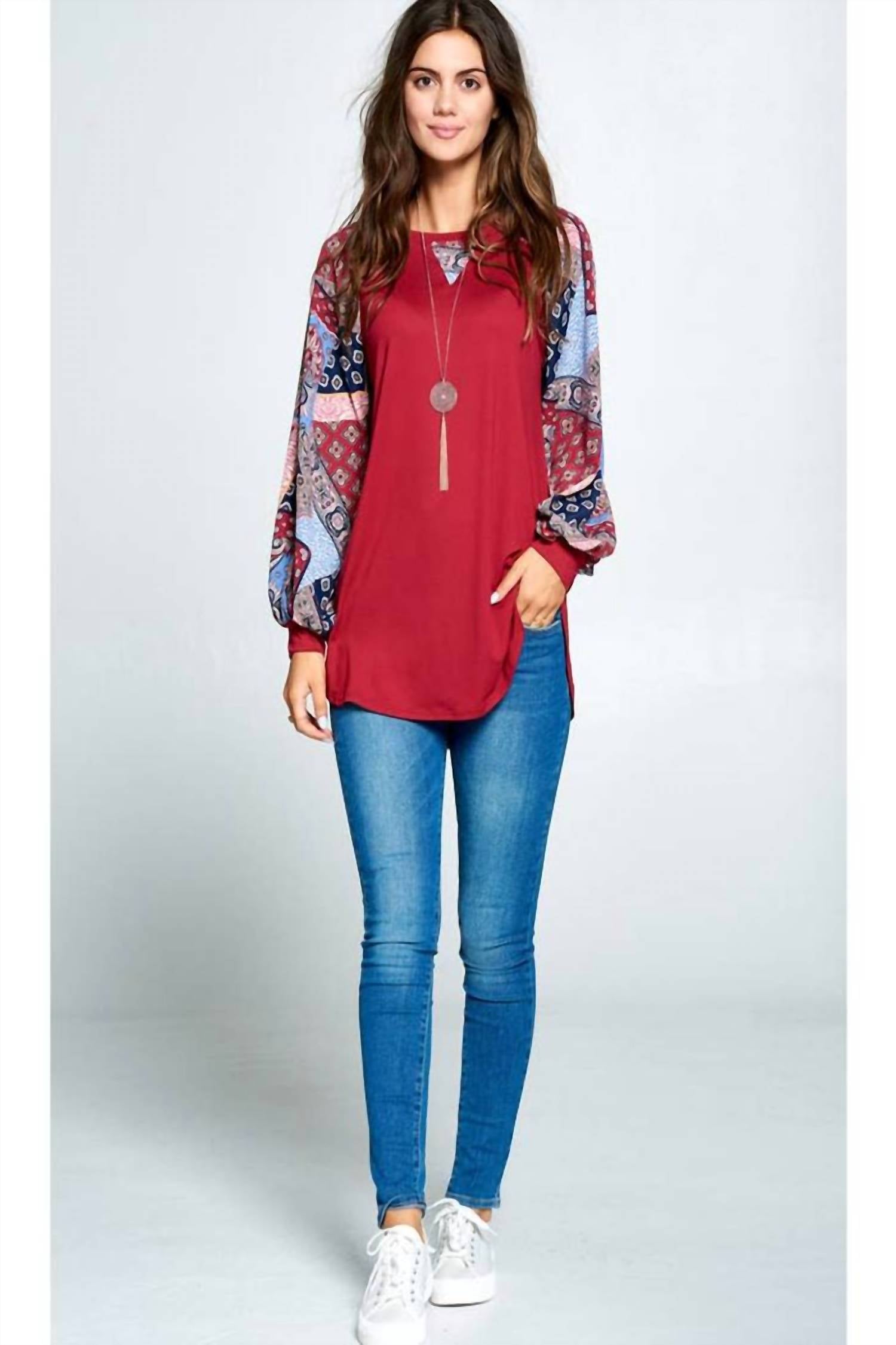 Emerald Collection - Patchwork Balloon Sleeve Raglan Top