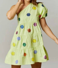 Fantastic Fawn - Sequin Polka Dot Applique One Shoulder Mini Dress