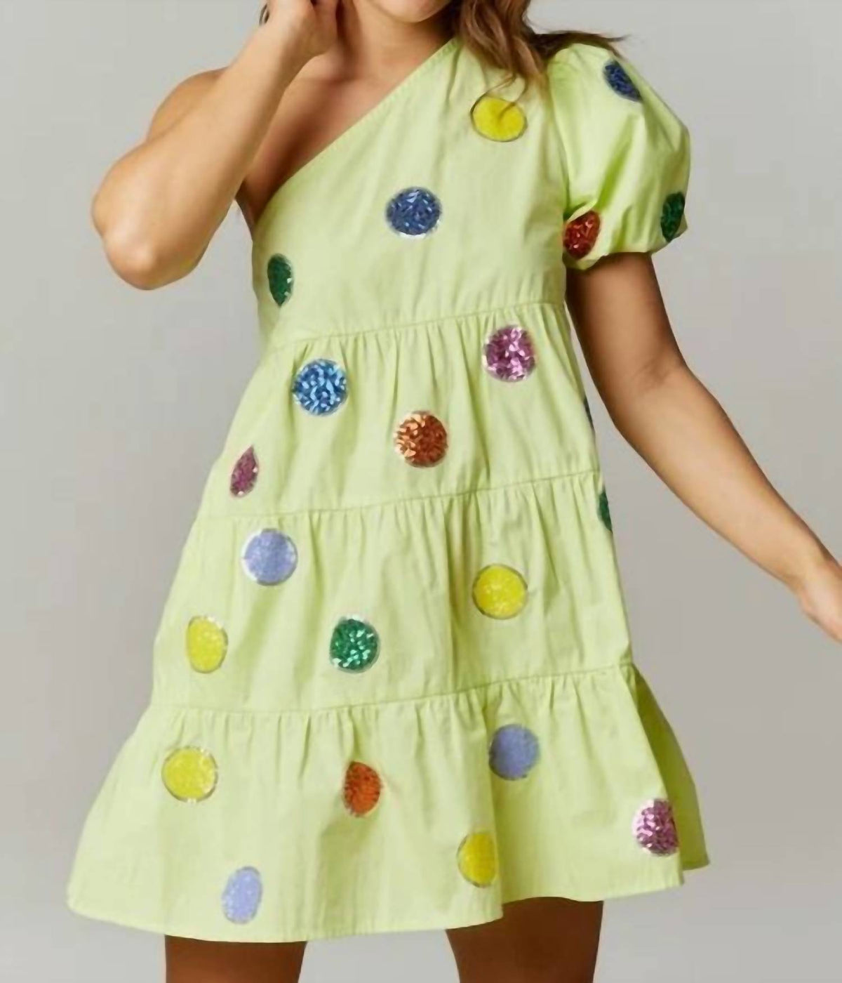 Fantastic Fawn - Sequin Polka Dot Applique One Shoulder Mini Dress