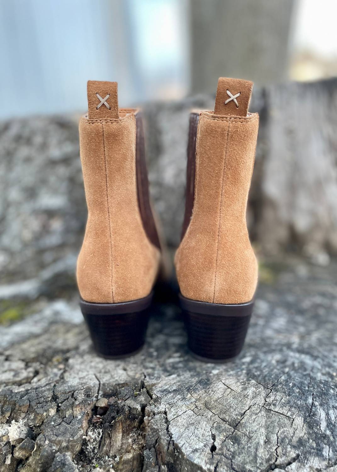 Vintage Havana Women's Suede Gore Heel Bootie in chestnut - women's shoe - detail view
