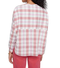 Renuar Woven Plaid Button Down Blouse in scarlet combo - women's blouse - detail view
