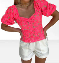 Adelyn Rae - Embroidered Flower Puff Sleeve Top