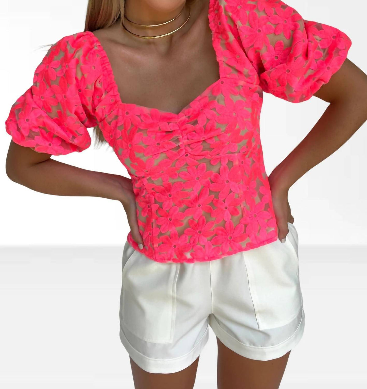 Adelyn Rae - Embroidered Flower Puff Sleeve Top