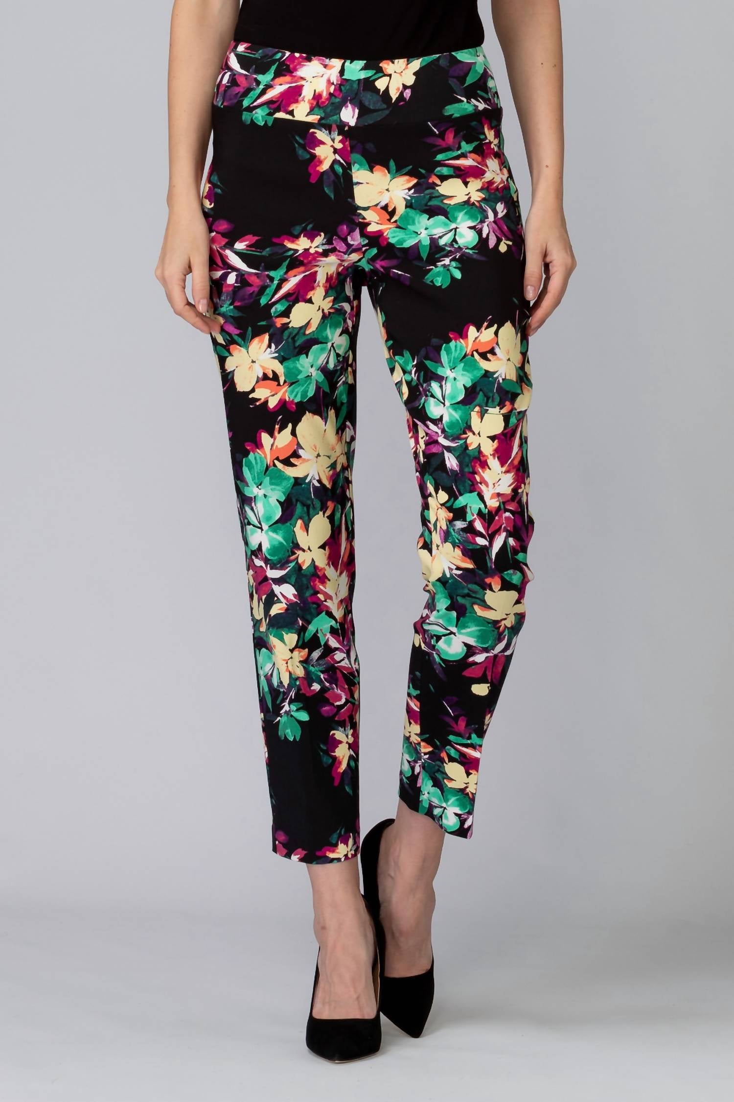 Joseph Ribkoff Women's Floral Print Pull On Pants in black yellow green - women's pants